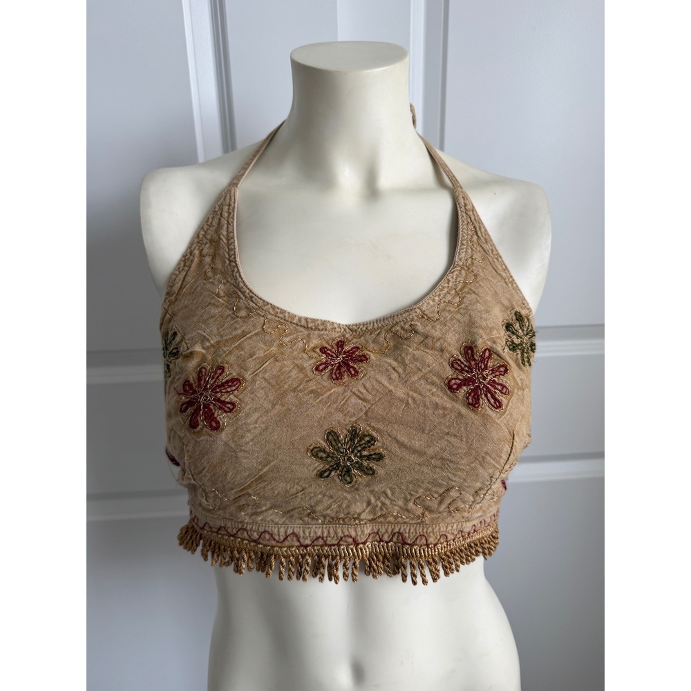 Vintage Boho Floral Embroidered Halter Crop Top Tan Fringe Festival Hippie S/M